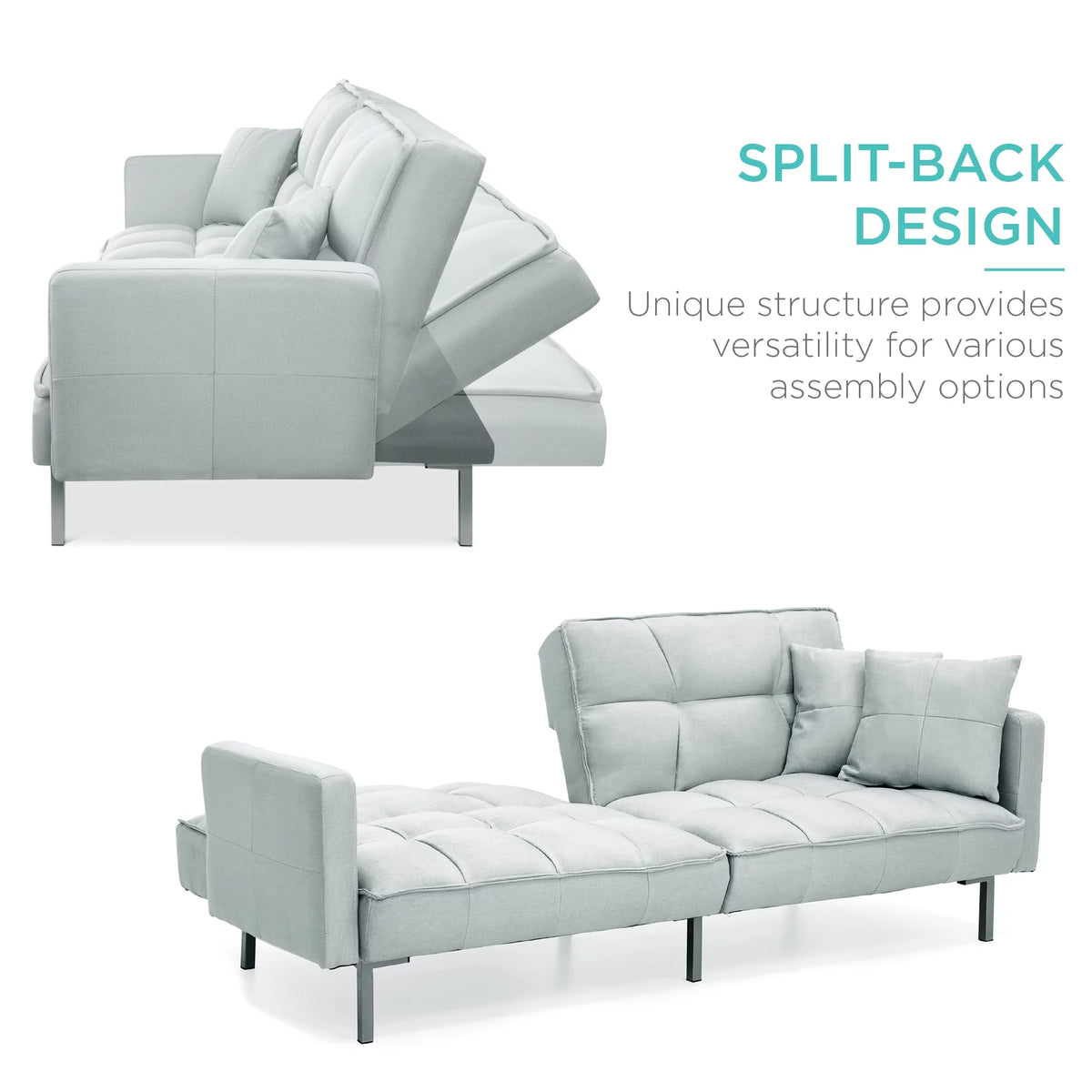Light Gray Linen Fabric Tufted Split-Back Futon Sofa with 2 Pillows V6840
