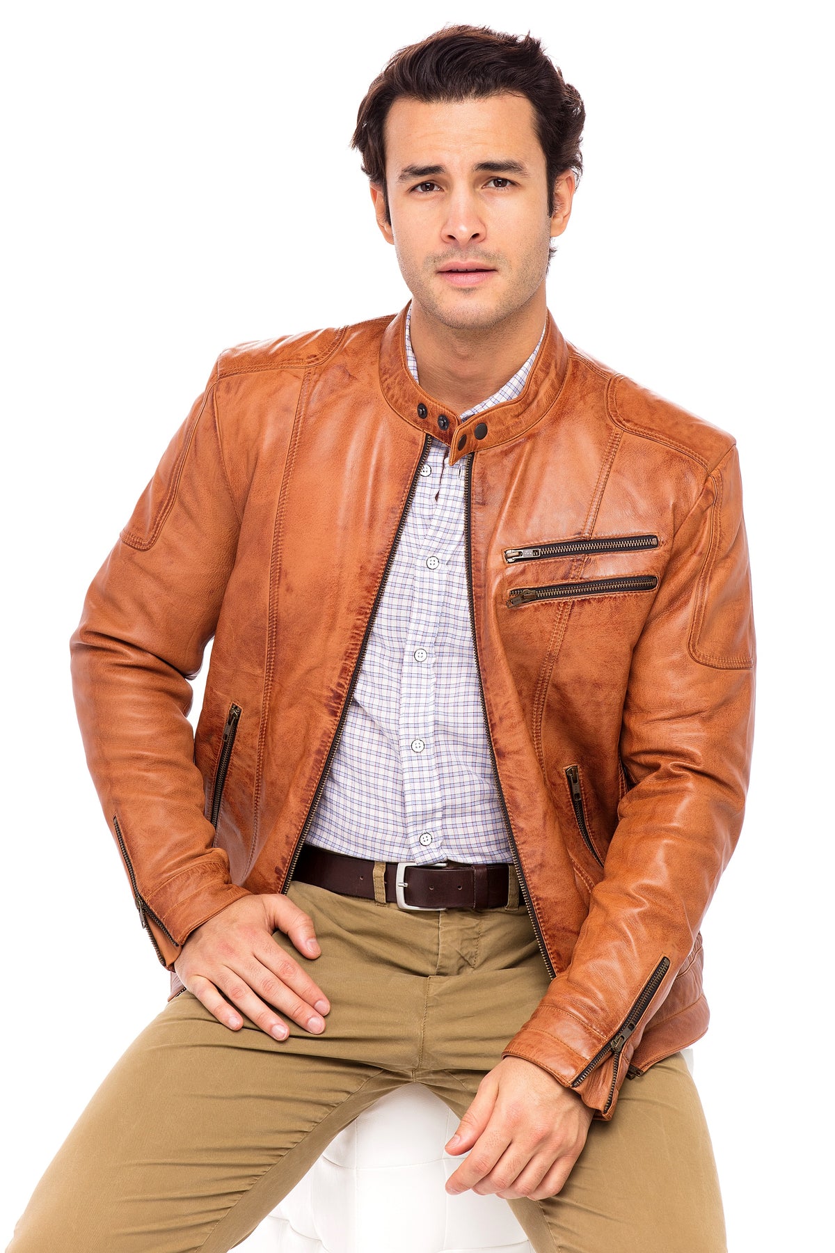 Camel Sheepskin Leather Jacket Size M W251