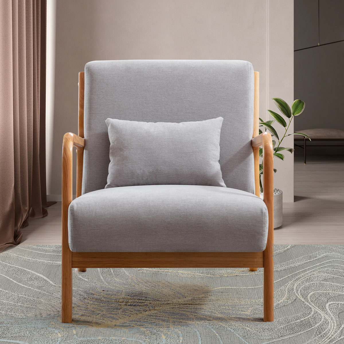 Beige Fabric Accent Armchair with Wood Frame Y34103