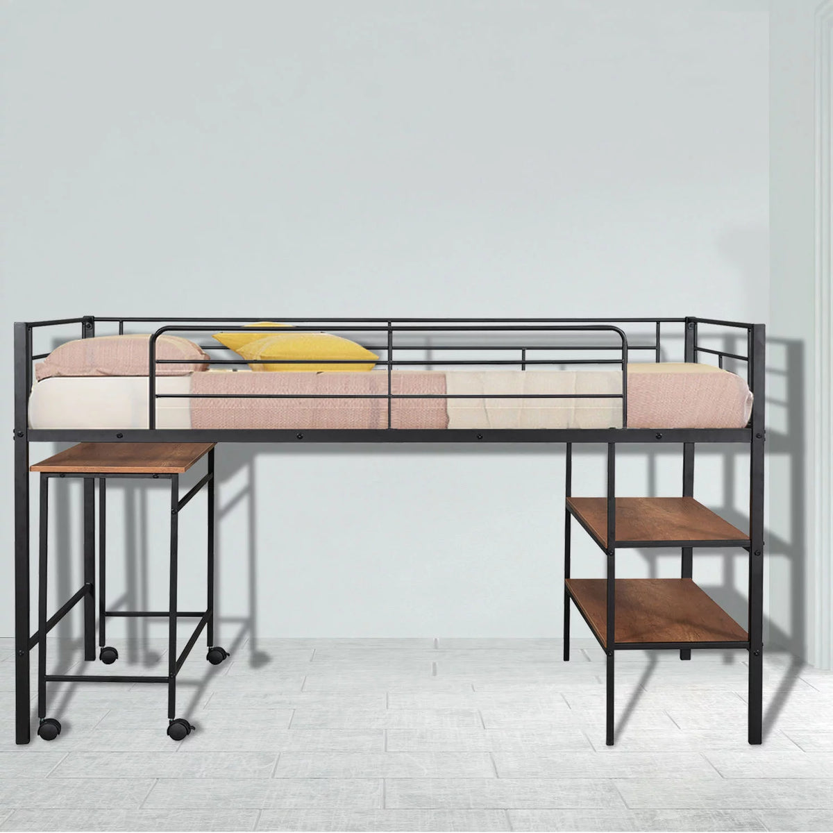 Black Double Size Metal Loft Bed with Desk and Shelves L287334