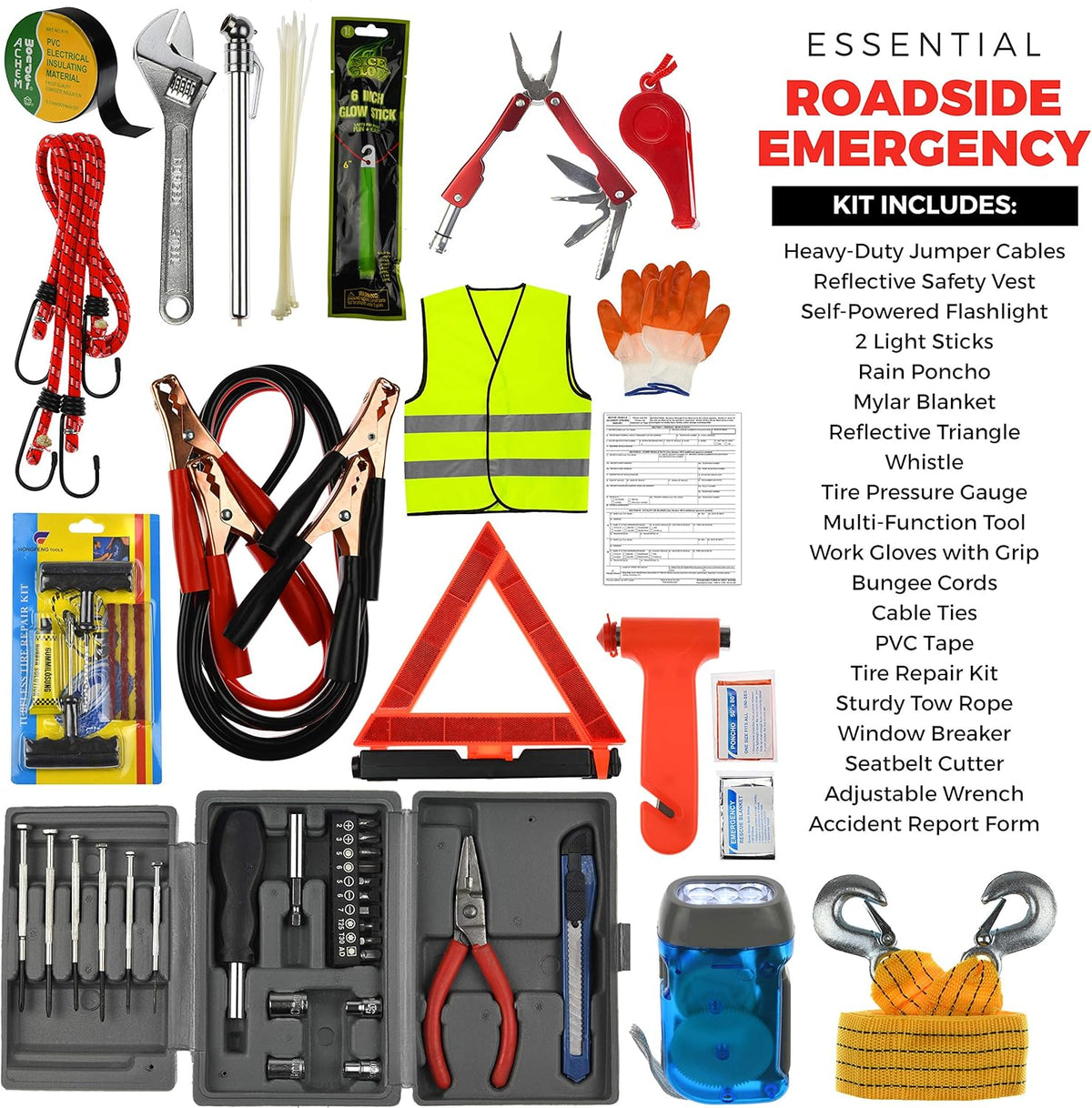 156-Piece Multipurpose Emergency Car Kit with Automotive Tools and First Aid Kit Q842