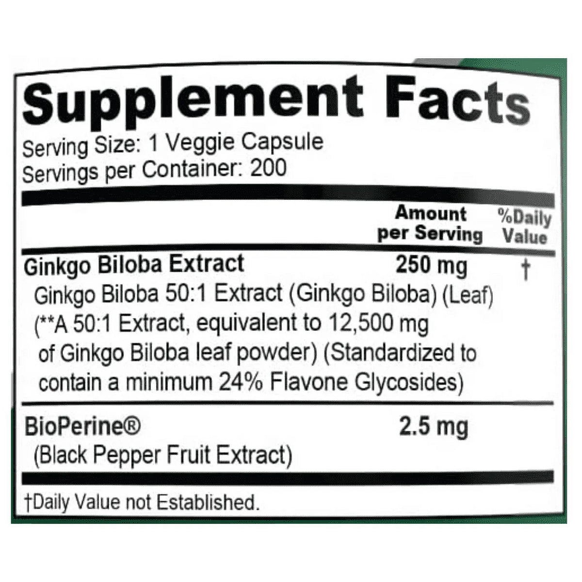 Ginkgo Biloba Extract 12,500mg Vegetarian Capsules 200 Ct Non-GMO Gluten-Free A152