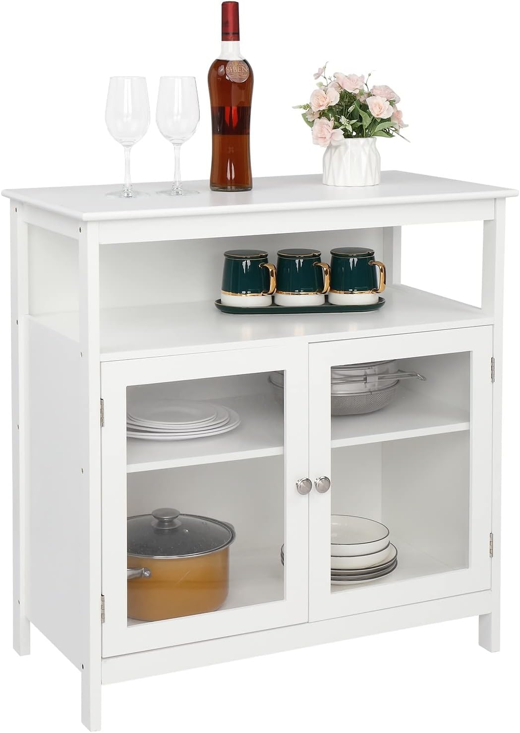 White Kitchen Storage Sideboard Cabinet with Open Shelf and 2 Glass Door Cabinet Q2427