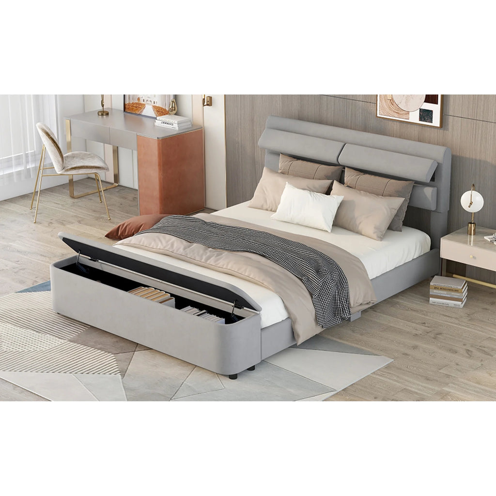 Queen Size Upholstery Platform Bed with Storage Headboard and Footboard Grey Y984305