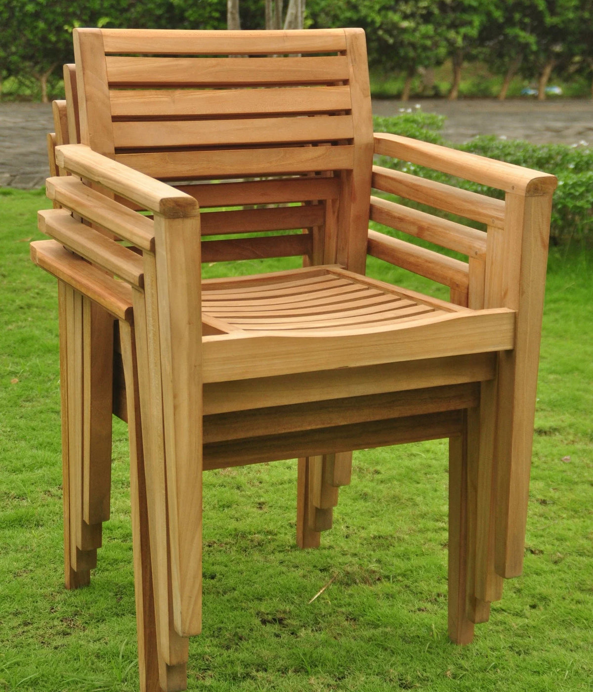 7 Pc Teak Dining Set with 94" Oval Table and 6 Stacking Arm Chairs X418939