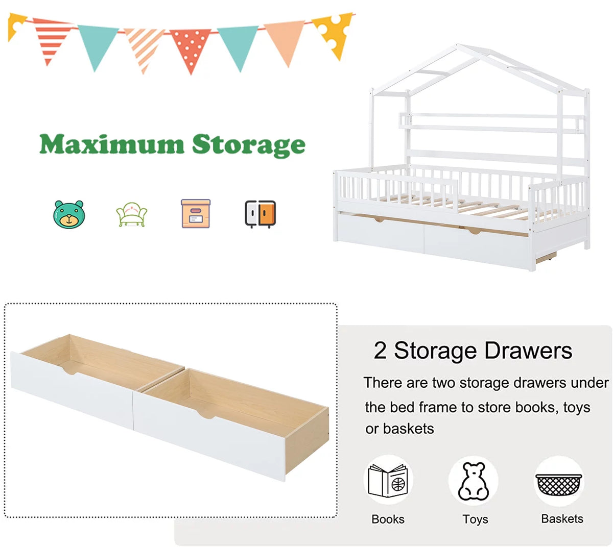 White Twin Size Wood House Bed with Storage Drawers L955031