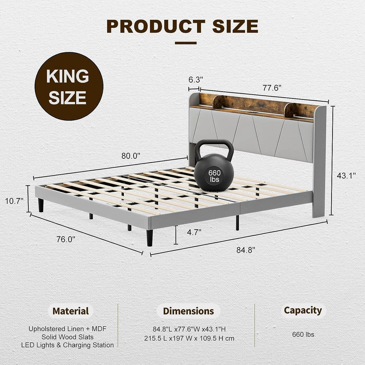 King Bed Frame with Storage Headboard & Charging Station, Upholstered LED Platform Bed Frame, Light Grey Q99357
