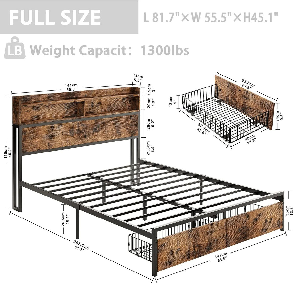 Full Size Metal Platform Bed Frame with Bookcase Headboard U529160