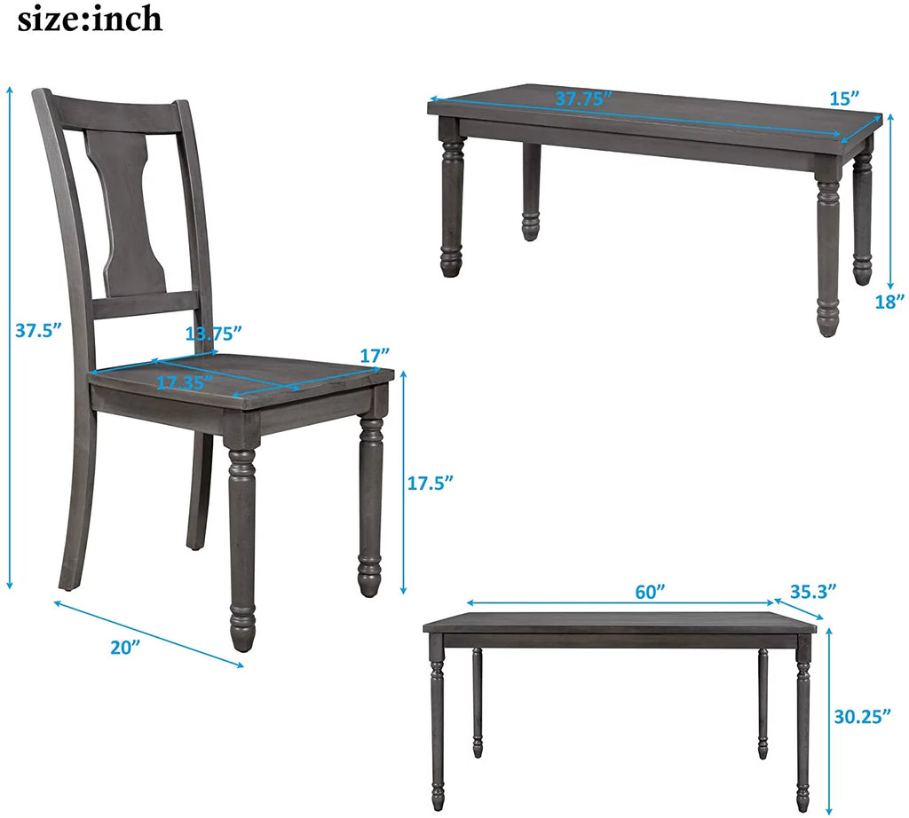 6 Piece Wooden Dining Table Set with 4 Chairs and Bench R12685