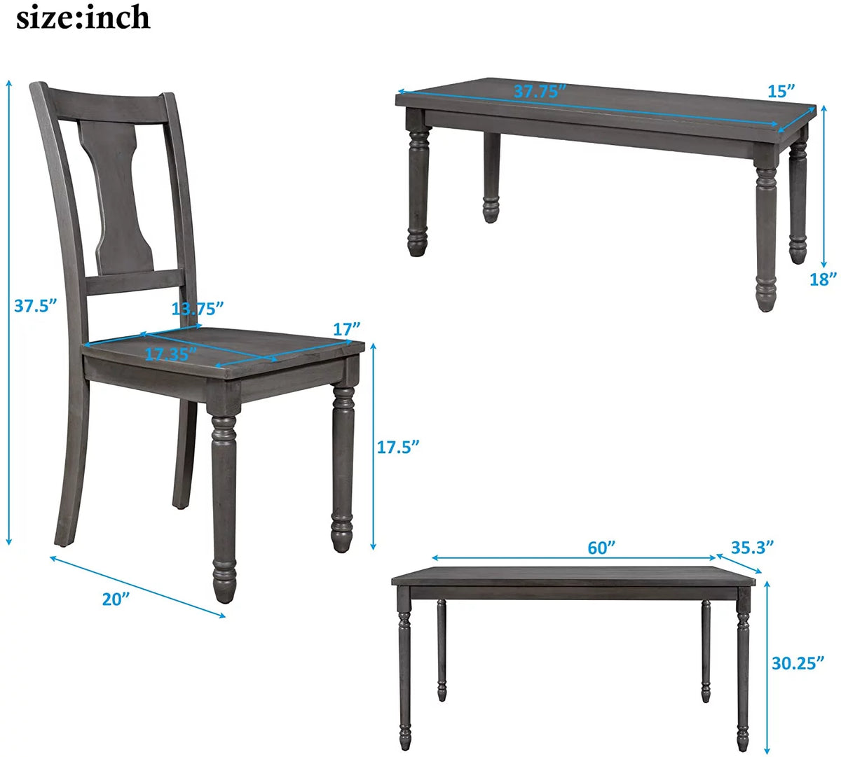 6 Piece Wooden Dining Table Set with 4 Chairs and Bench R12685