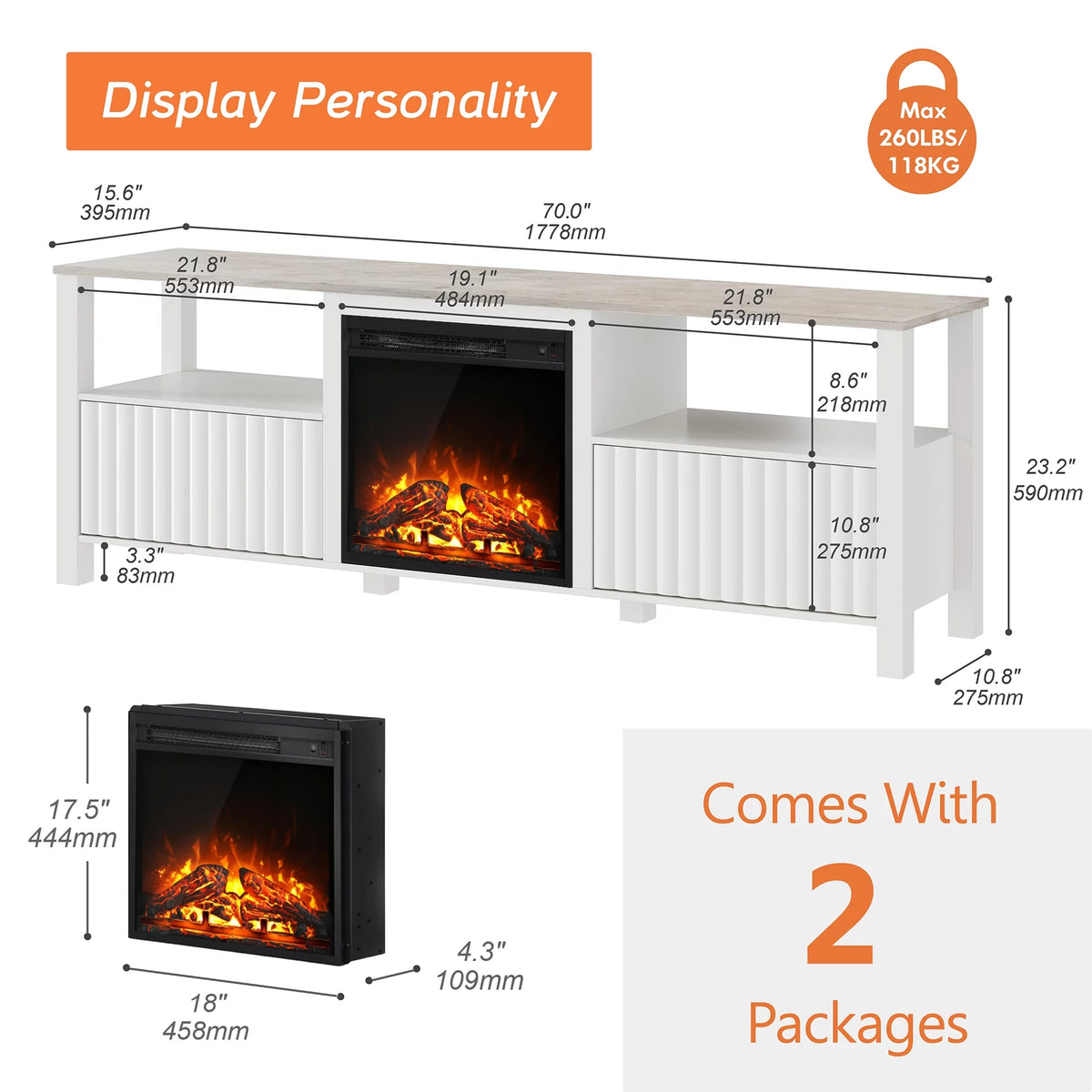 White Electric Fireplace TV Stand up to 80 Inch V788371