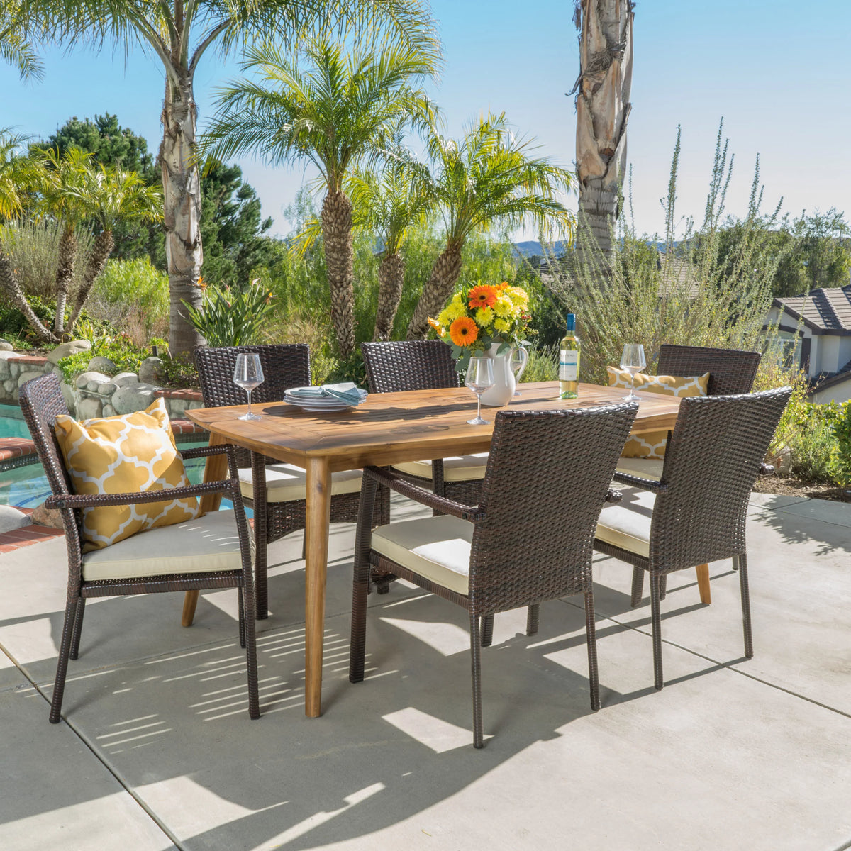 Acacia Wood and Wicker 7 Piece Dining Set with Cushion P3458