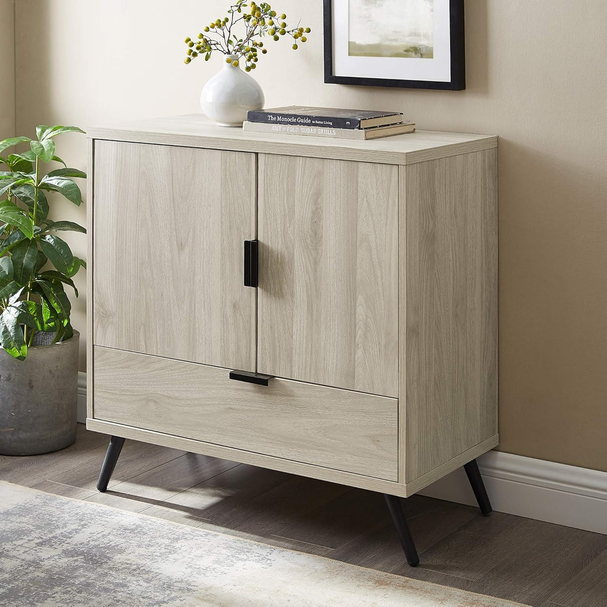 Mid Century Modern Buffet Cabinet, 30 Inch, Dark Walnut V18140
