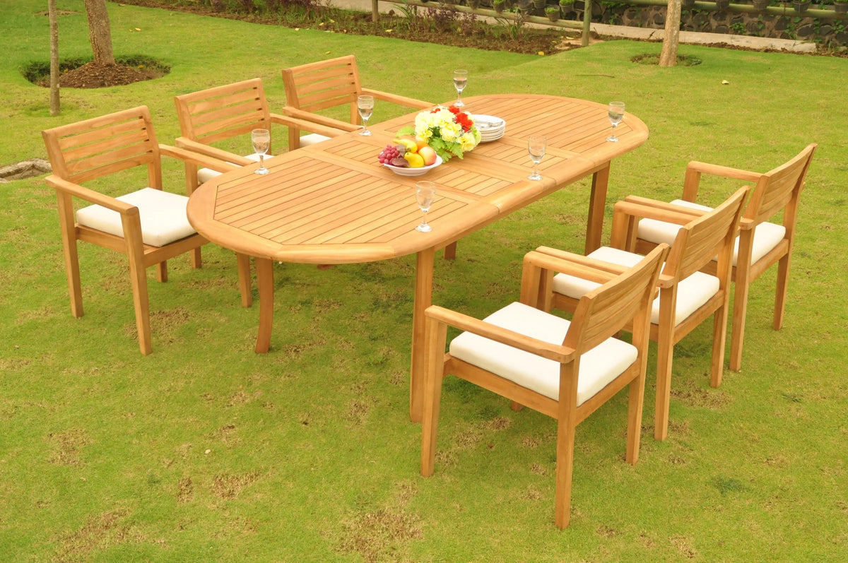 7 Pc Teak Dining Set with 94" Oval Table and 6 Stacking Arm Chairs X418939