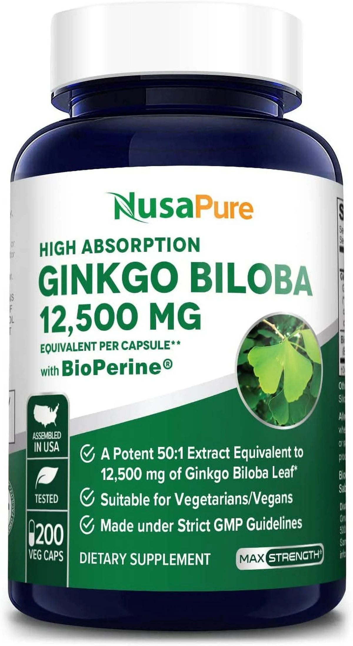 Ginkgo Biloba Extract 12,500mg Vegetarian Capsules 200 Ct Non-GMO Gluten-Free A152