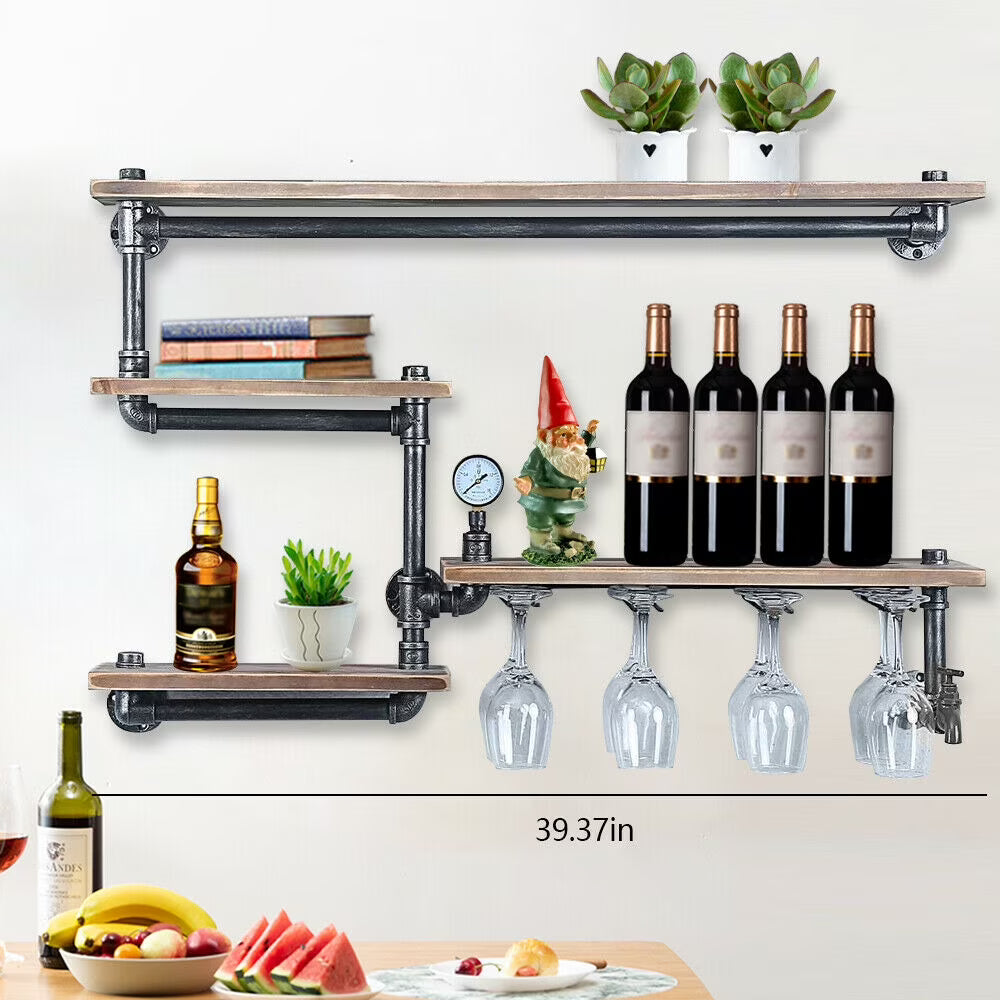 Industrial Pipe Shelving Wine Rack Wall Mount 4 Bottle Holder Bookshelf with 4 Stem Glass Holder B256