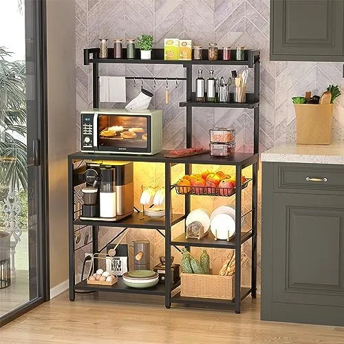 White Bakers Rack with Power Outlet and LED Light Strings B175