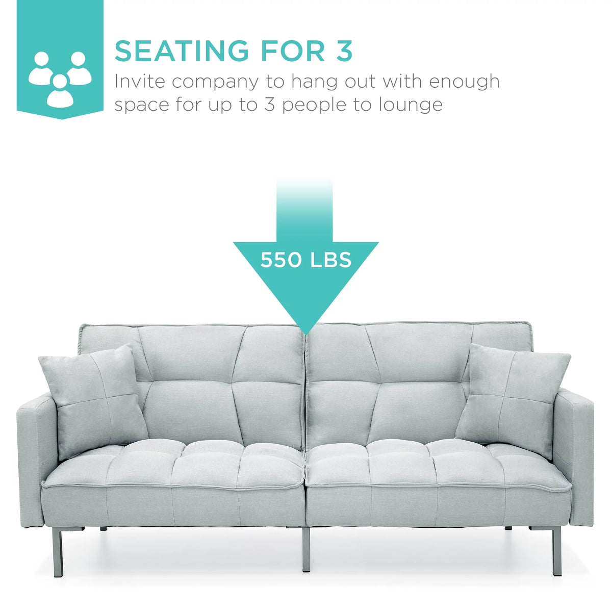 Light Gray Linen Fabric Tufted Split-Back Futon Sofa with 2 Pillows V6840