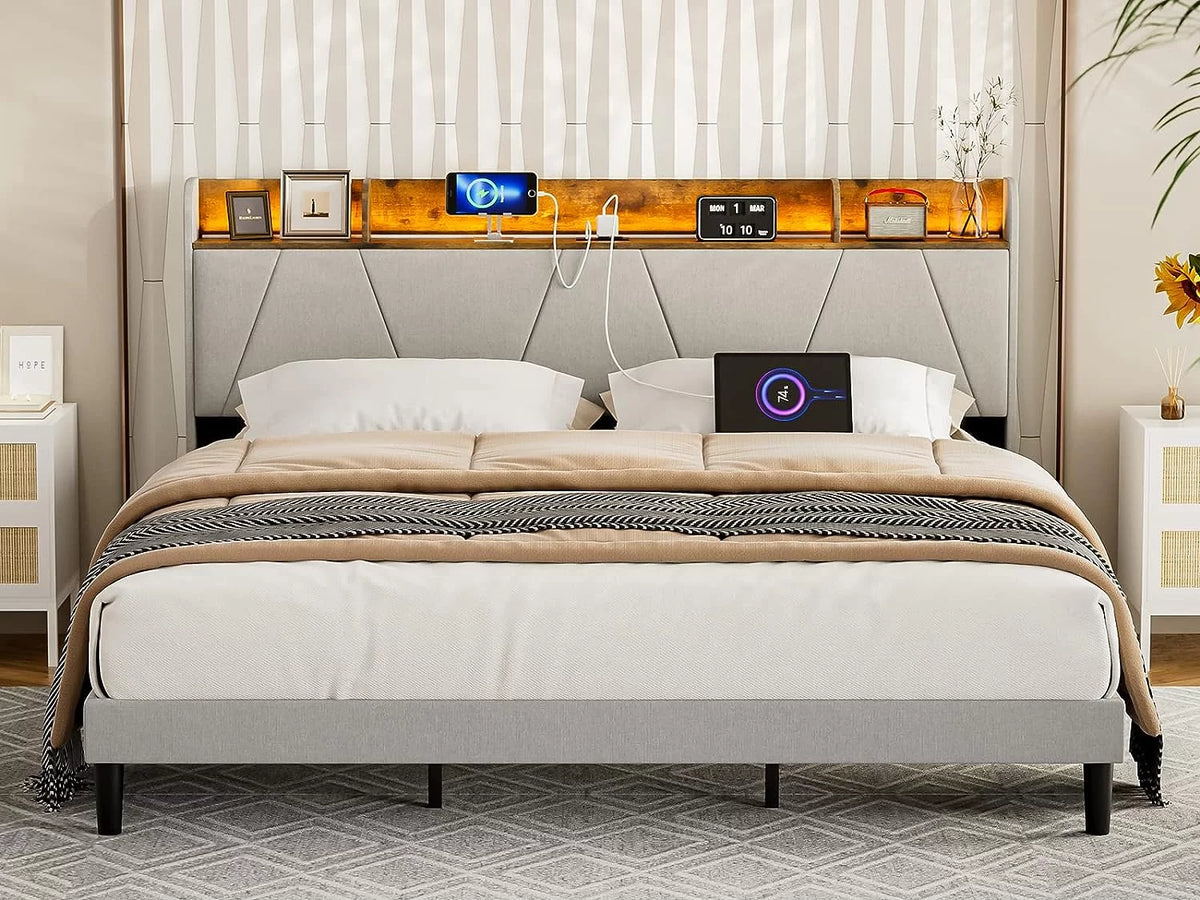 King Bed Frame with Storage Headboard & Charging Station, Upholstered LED Platform Bed Frame, Light Grey Q99357