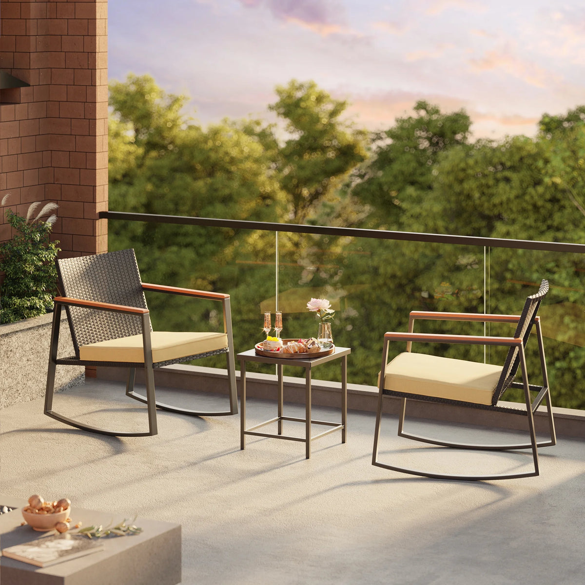 Beige Rattan Wicker Patio Rocking Chair Set with Coffee Table U70104